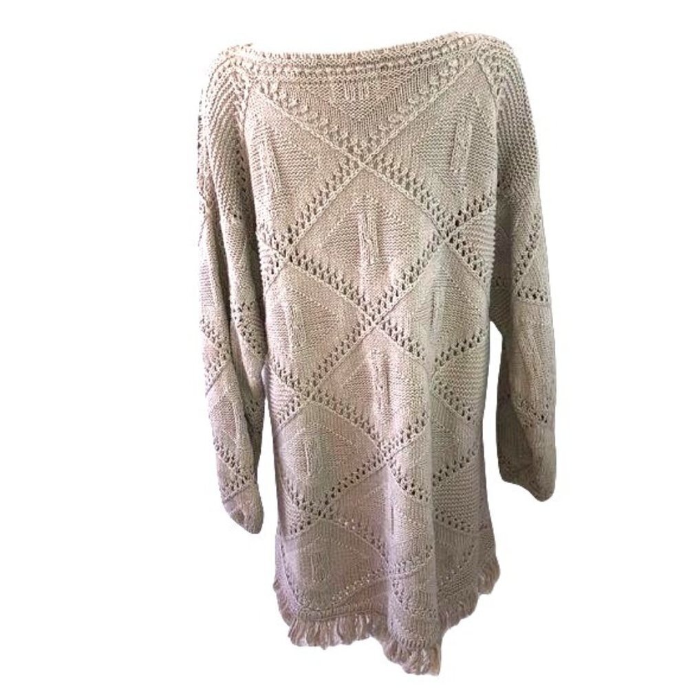 Yarnworks Handknit Dress Womens Size XL Tan Cotton Ramie Fringe Vintage Bohemian - Picture 2 of 10